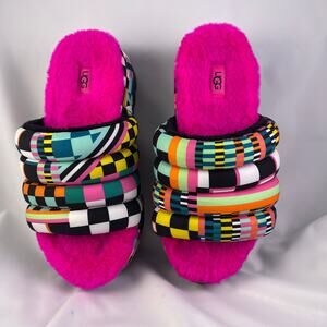 UGG Maxi Slide Colorful Checks Hot Pink Plush Real Fur Slip-on Slippers Sandals